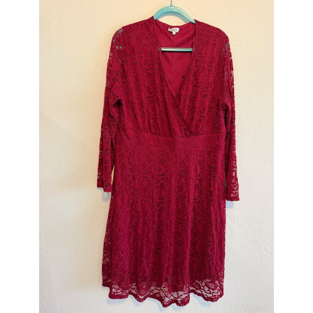 Pinup Fashion Burgundy Lace Wrap V-Neck Long Sleeve Dress Plus Size 20W Wine